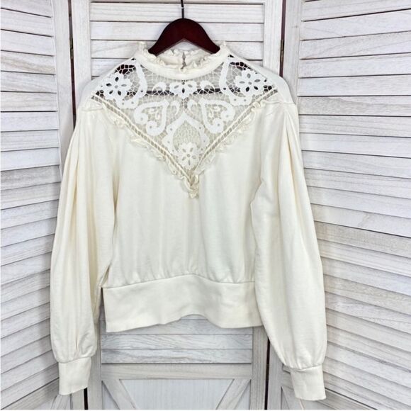 Express Lace Front Ruffle Trim Sweatshirt Sweater Ivory Large Victorian Country - Picture 8 of 14